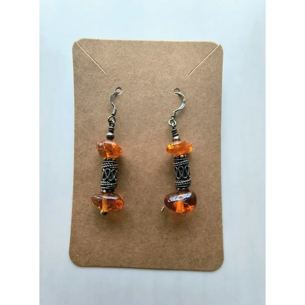 Vtg Sterling Silver‎ Baltic Amber Drop Earrings Cognac Honey Artisan Dangle 925